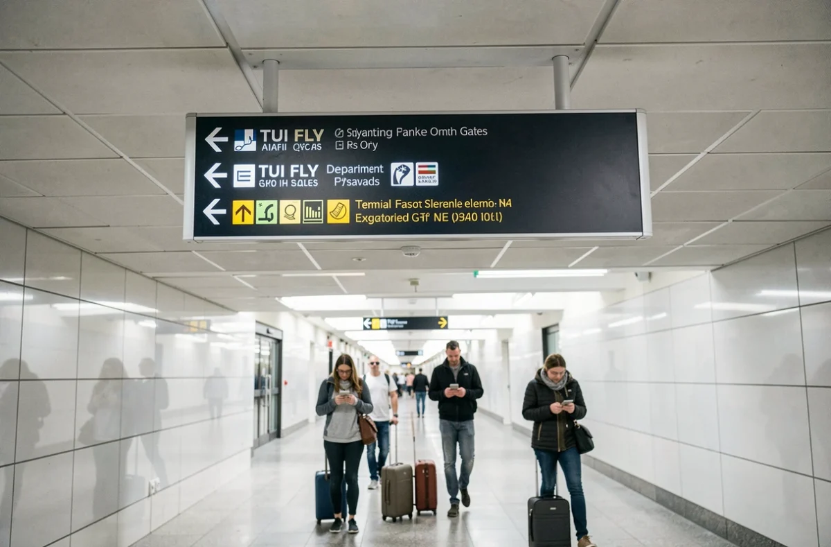 Panneau de signalétique directionnelle vers le terminal TUI FLY dans les couloirs de l'aéroport d'Orly