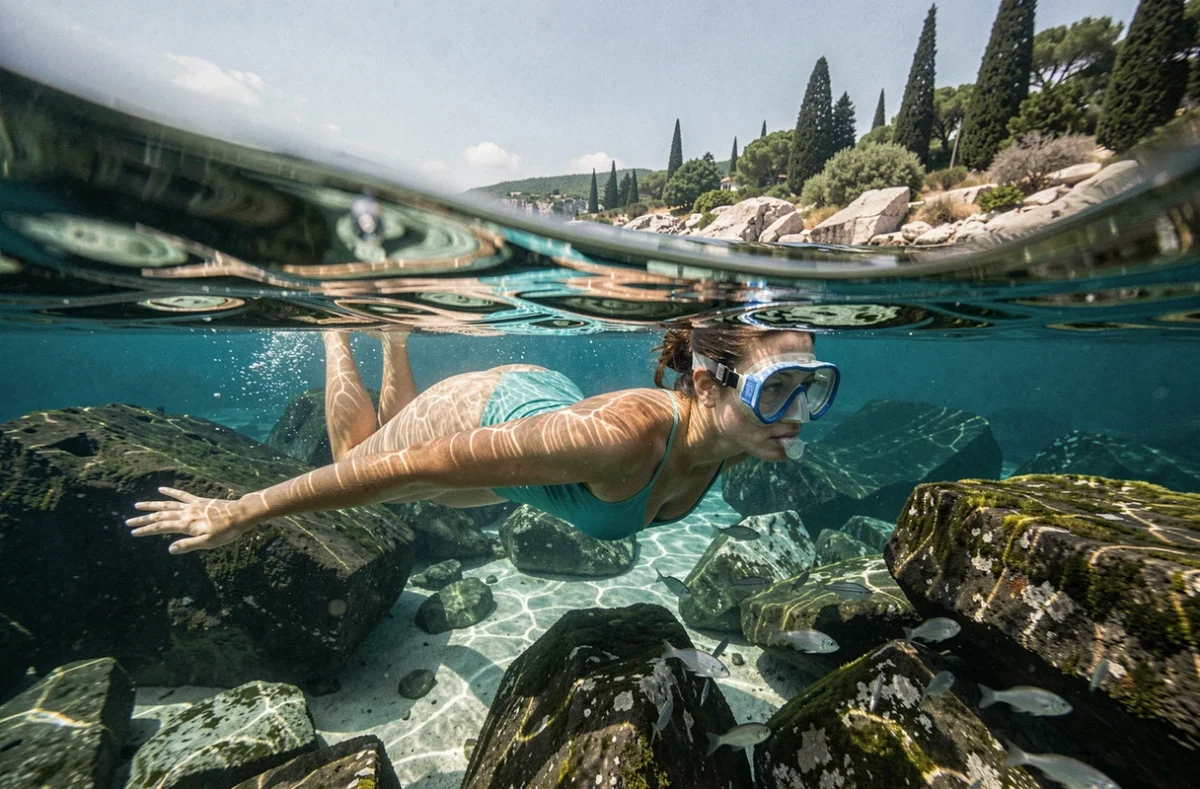 Femme en train de faire du snorkeling au-dessus des fonds rocheux de l'île de Lokrum près de Dubrovnik, Croatie