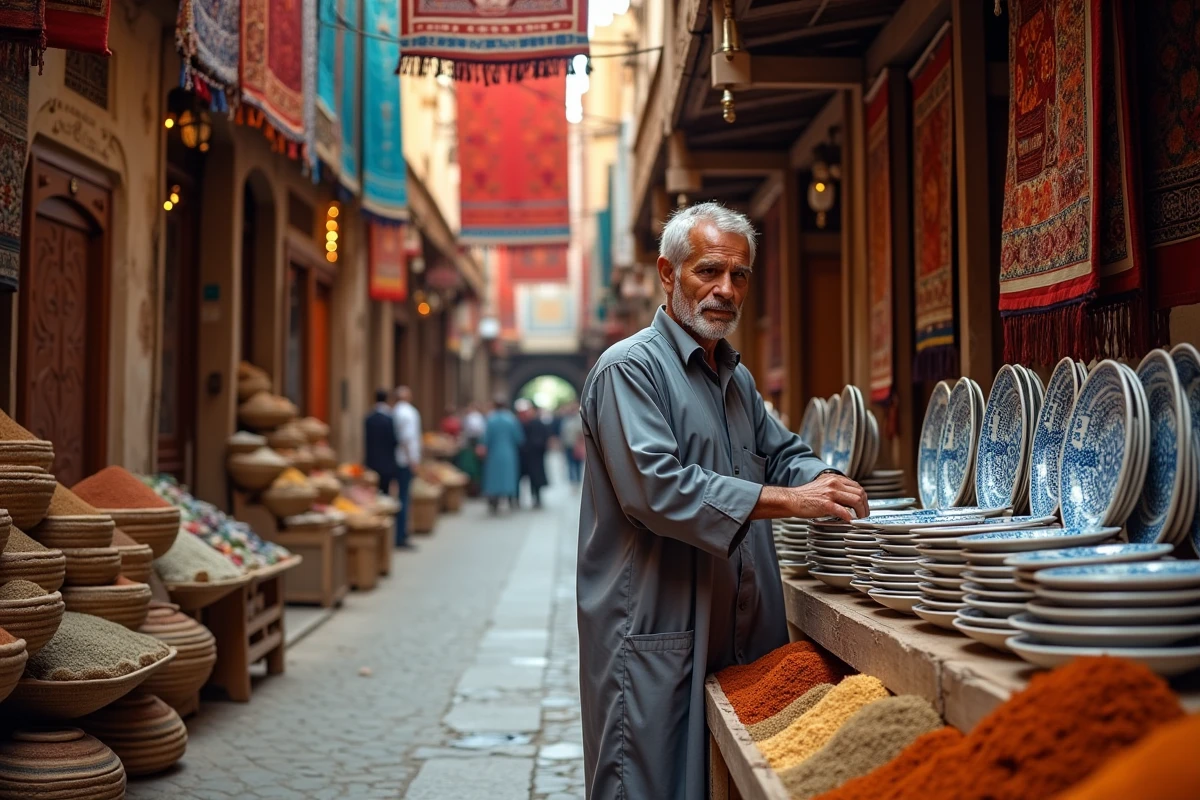 Marchand de céramiques dans le souk couvert de la médina de Tunis entouré de tapis colorés et d'épices