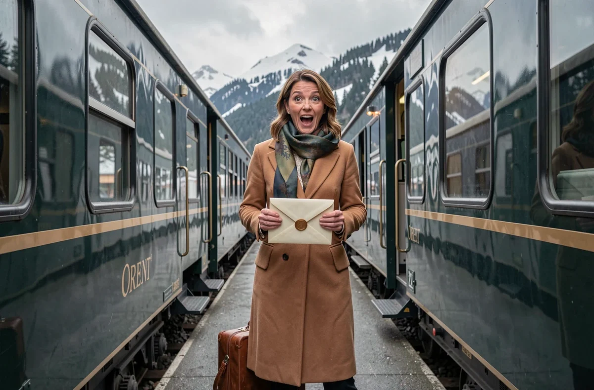 Femme découvrant une enveloppe cadeau surprise sur le quai extérieur de l'Orient Express en paysage alpin enneigé