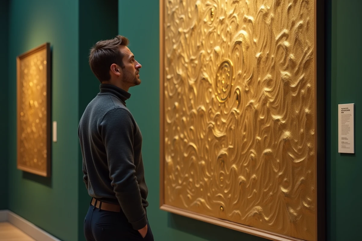 Homme contemplant une peinture de Klimt au Belvédère de Vienne