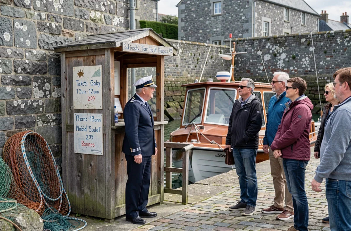 Guide touristique présentant les tarifs d'une croisière au départ d'un quai en pierre bretonne dans le golfe du Morbihan