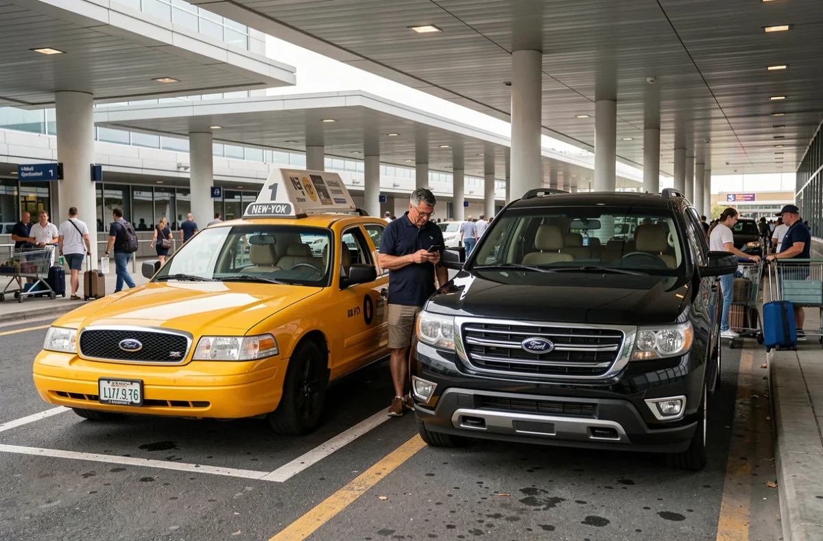 Taxi jaune et SUV de service privé devant la zone de dépose de l'aéroport de New York pour rejoindre Manhattan