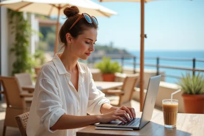 Femme en télétravail sur une terrasse de café en bord de mer méditerranée avec un ordinateur portable et un café glacé