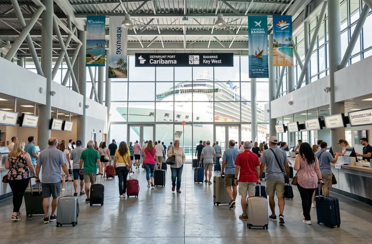 Terminal de croisière animé au port de Miami avec voyageurs embarquant sur un paquebot