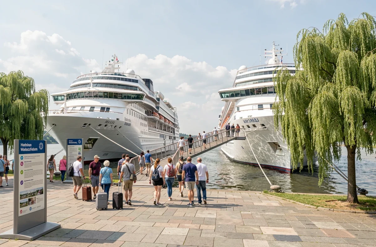 Terminal de croisière fluviale sur le Danube en été avec des passagers embarquant sur un bateau de luxe