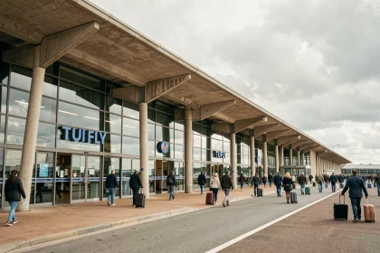 Entrée extérieure du terminal TUI FLY à l'aéroport d'Orly avec voyageurs et signalétique visible