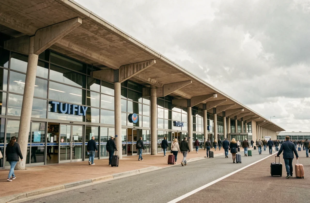 Entrée extérieure du terminal TUI FLY à l'aéroport d'Orly avec voyageurs et signalétique visible
