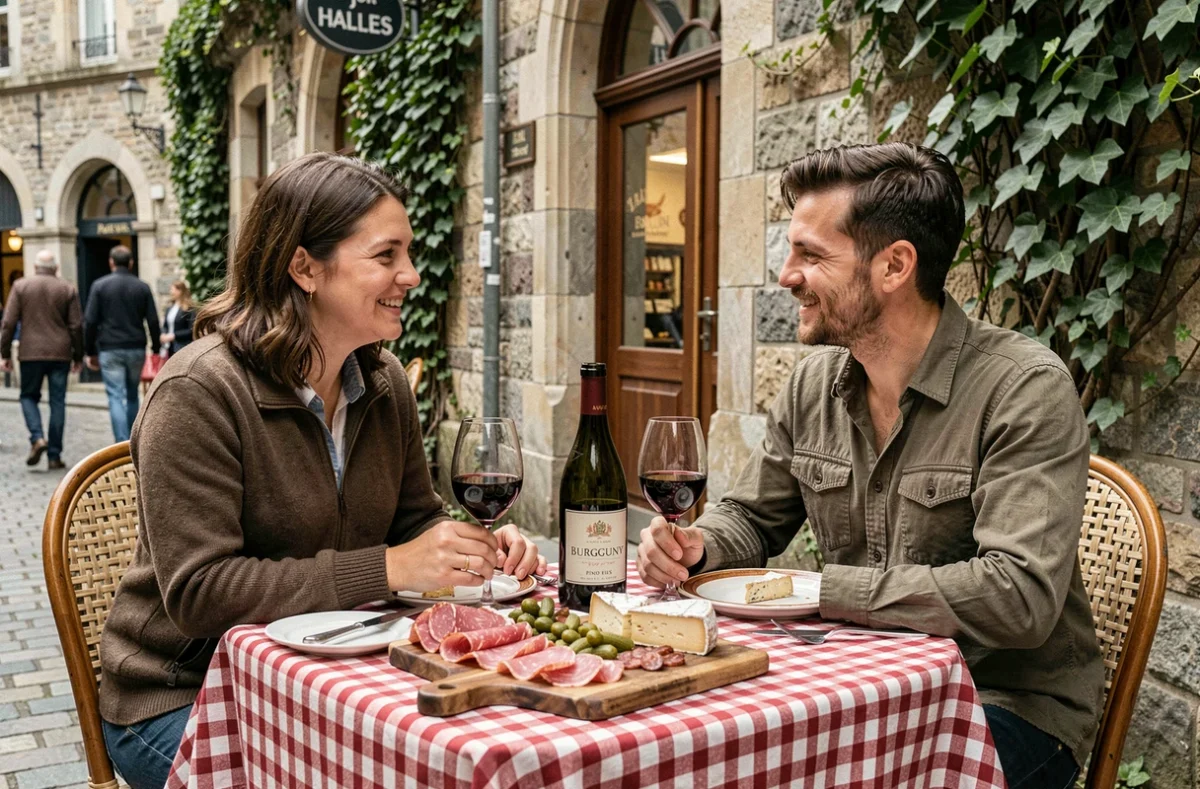 Terrasse de restaurant à Dijon avec plateau de charcuterie bourguignonne et vin de Bourgogne