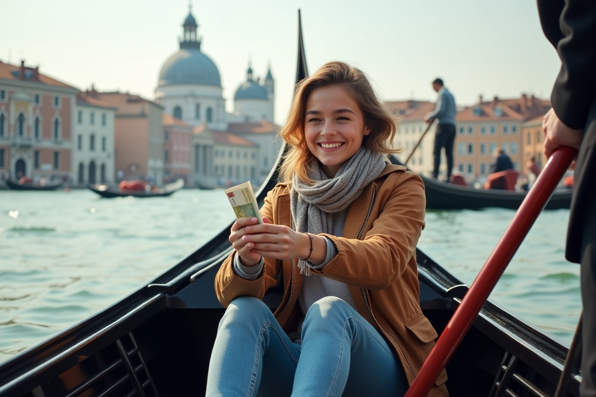 Jeune touriste souriante dans une gondola à Venise