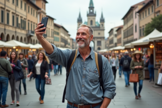 Touriste souriant avec groupe devant monument célèbre