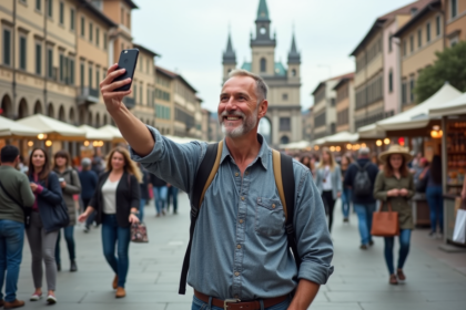 Touriste souriant avec groupe devant monument célèbre