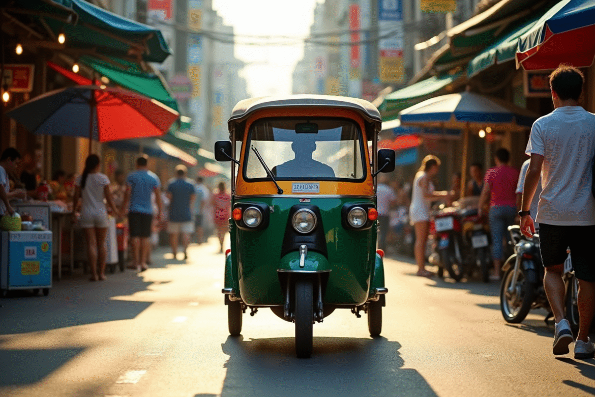 Tuk tuk coloré circulant dans une rue animée de Bangkok