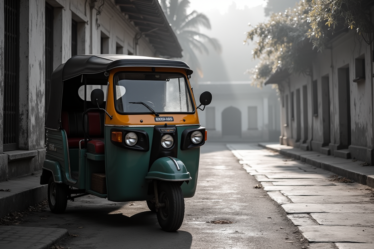 Tuk tuk vintage stationné près d un bâtiment historique en noir et blanc