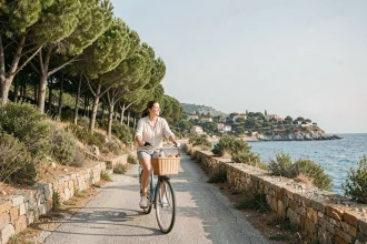 Femme à vélo sur une route côtière de l'île de Mljet entourée de forêts de pins et de baies turquoises