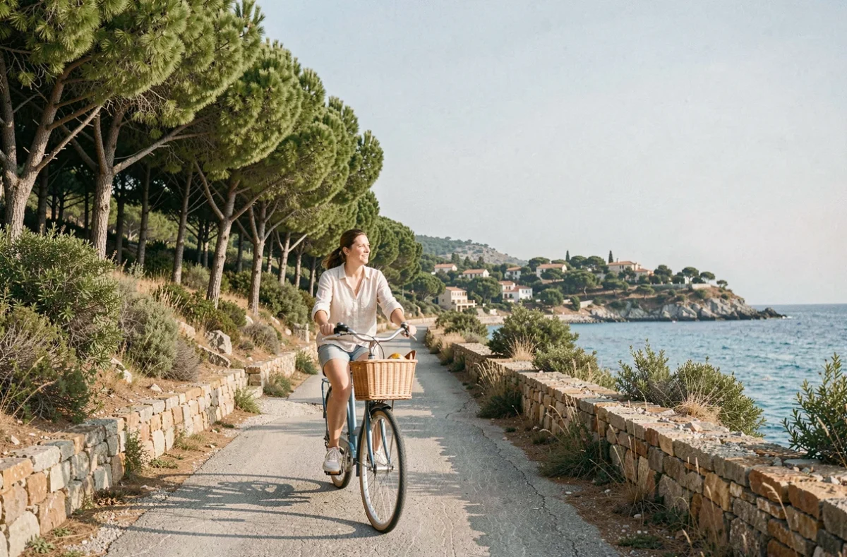 Femme à vélo sur une route côtière de l'île de Mljet entourée de forêts de pins et de baies turquoises