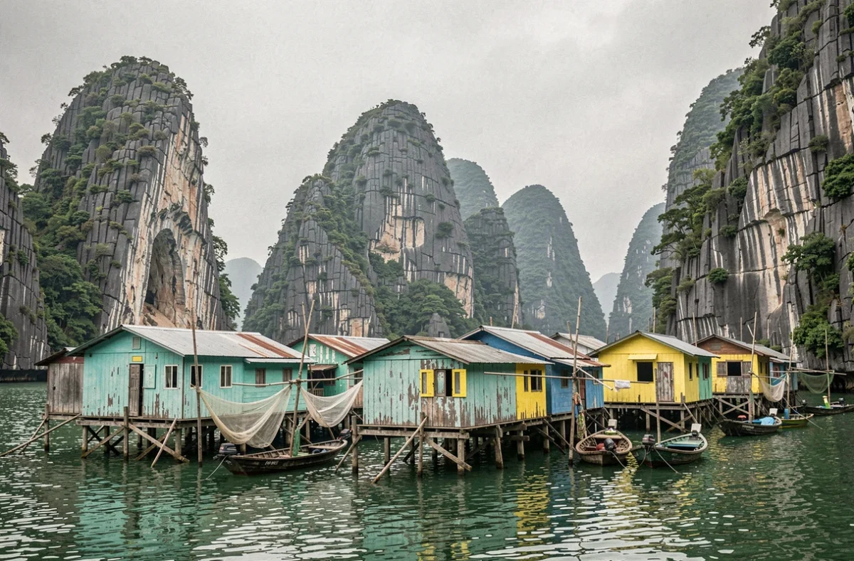 Village flottant traditionnel de pêcheurs entouré de formations karstiques emblématiques dans la baie d'Halong