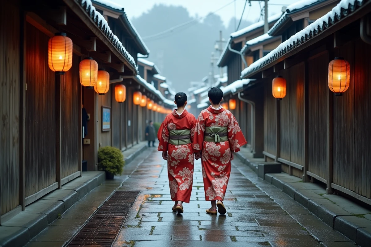Couple en yukata se rendant à pied vers un onsen traditionnel dans les ruelles de Nozawa Onsen village