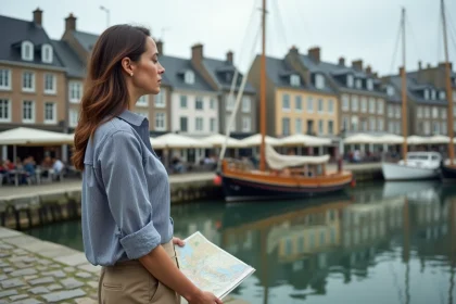 Femme admirant les façades à colombages du Vieux-Bassin de Honfleur depuis le quai en granit