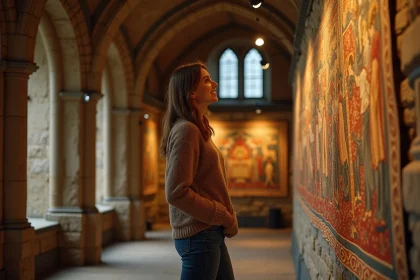 Femme visitant une abbaye normande sous la pluie, admirant une tapisserie médiévale dans un intérieur en pierre voûté