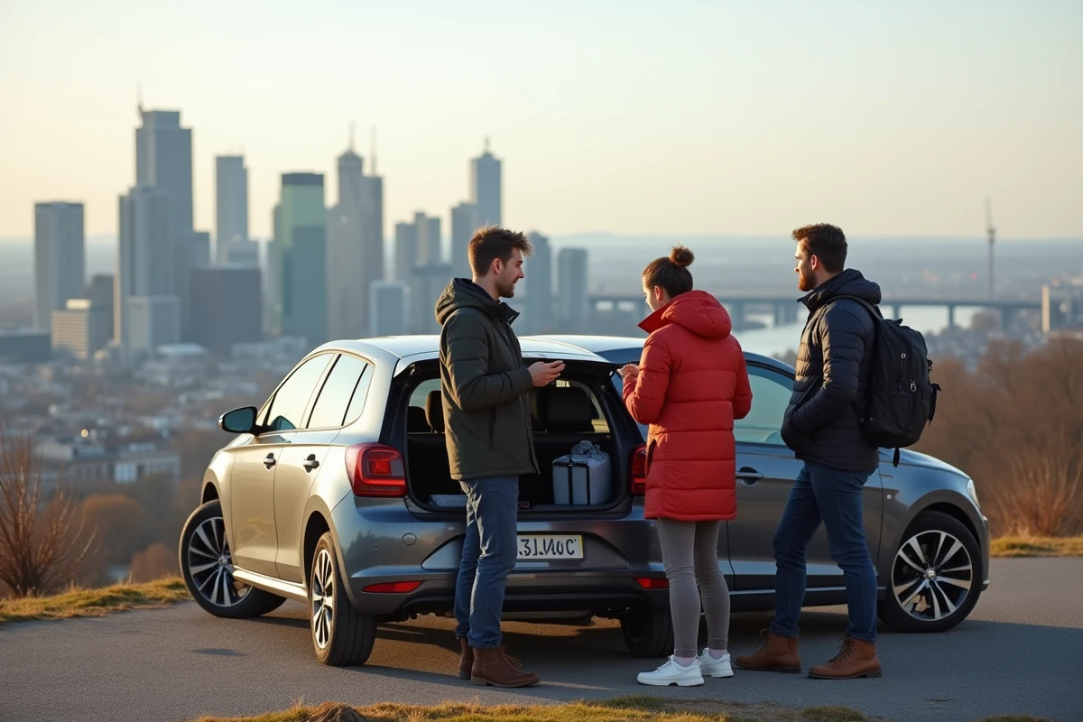 Voiture compacte avec amis à Frankfurt panorama