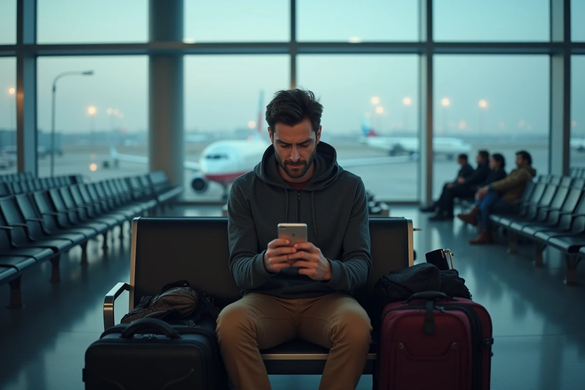 Voyageur isolé consultant son téléphone pour suivre l'état de son vol retardé dans une salle d'attente d'aéroport