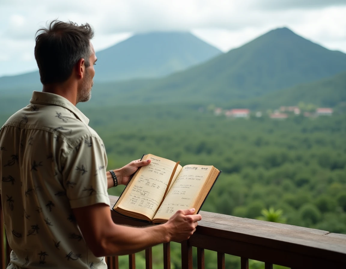 Voyageur sur un balcon à La Réunion consultant un carnet de voyage pour s'adapter au décalage horaire avec la France