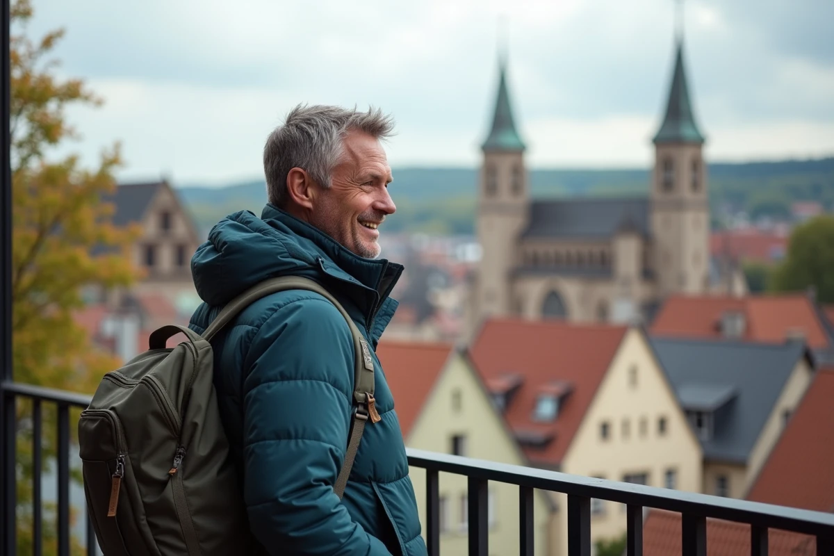 Voyageur regardant les toits de Strasbourg depuis un balcon