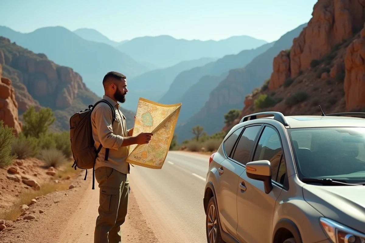Voyageur consultant une carte routière du nord du Maroc en bordure de route montagneuse près de Chefchaouen