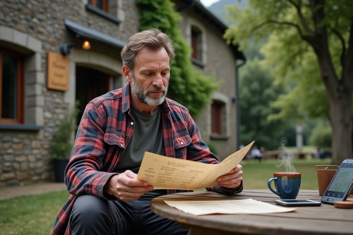 Voyageur consultant son itinéraire de road trip en Auvergne attablé devant une auberge en pierre volcanique