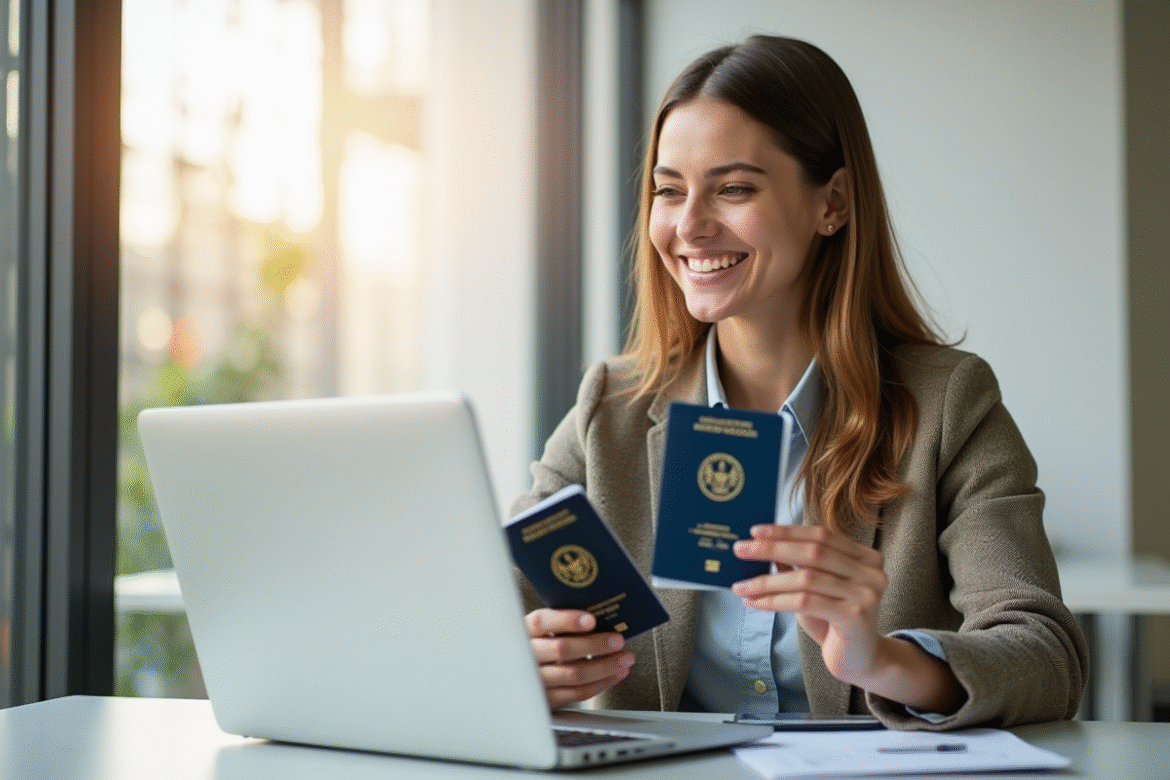 Voyageur souriant avec permis et passeport dans un bureau lumineux