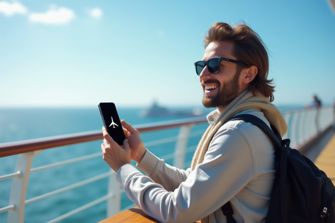 Voyageur souriant avec smartphone mode avion en mer