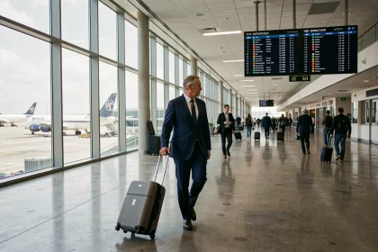 Voyageur en costume traversant un terminal d'aéroport de New York avec un panneau d'affichage des départs vers Manhattan