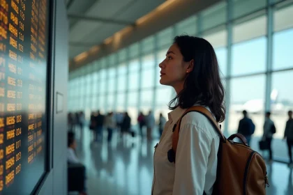 Voyageuse consultant les tableaux de départs dans un aéroport international avant un vol vers la République Dominicaine