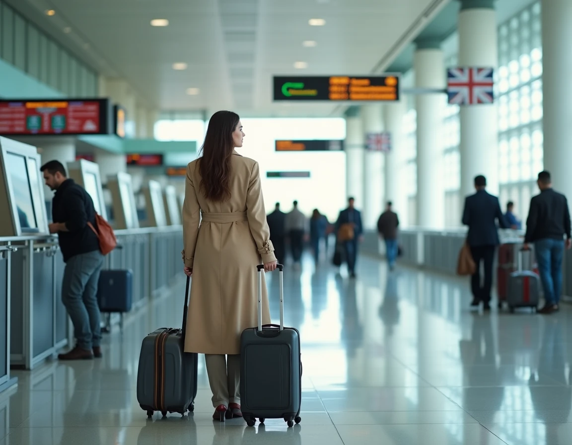 Voyageuse sereine enregistrant ses bagages à un kiosque automatique dans le hall de départ de l'aéroport de Casablanca