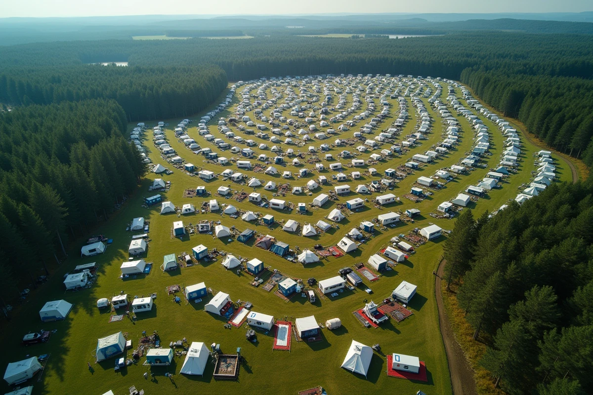 Vue aérienne du plus grand camping avec tentes et caravanes