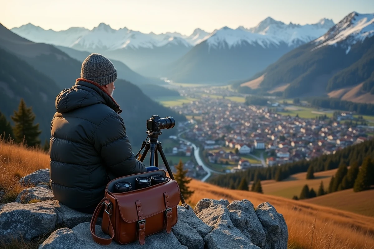 Photographe assis sur un rocher en altitude avec vue panoramique sur le village d'Oberammergau niché dans une vallée alpine bavaroise entourée de sommets enneigés