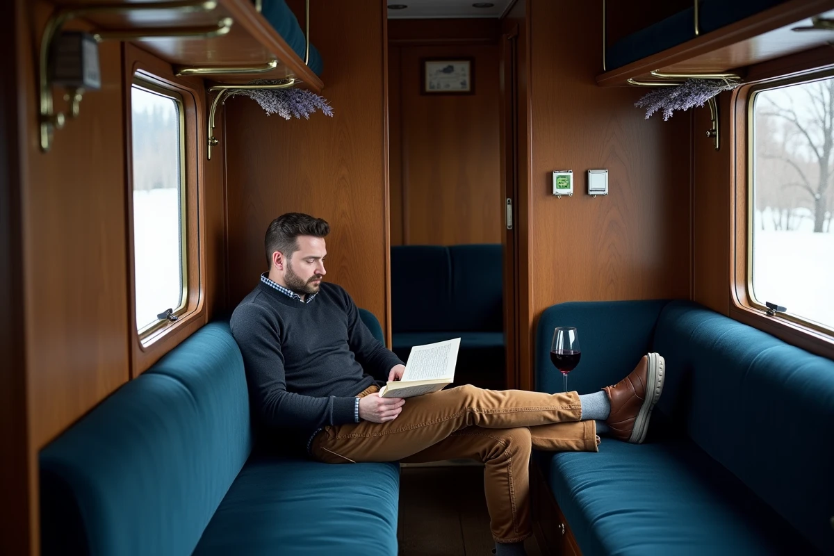Intérieur d'un wagon de train converti en hébergement insolite à Paris, atmosphère chaleureuse et vintage en hiver